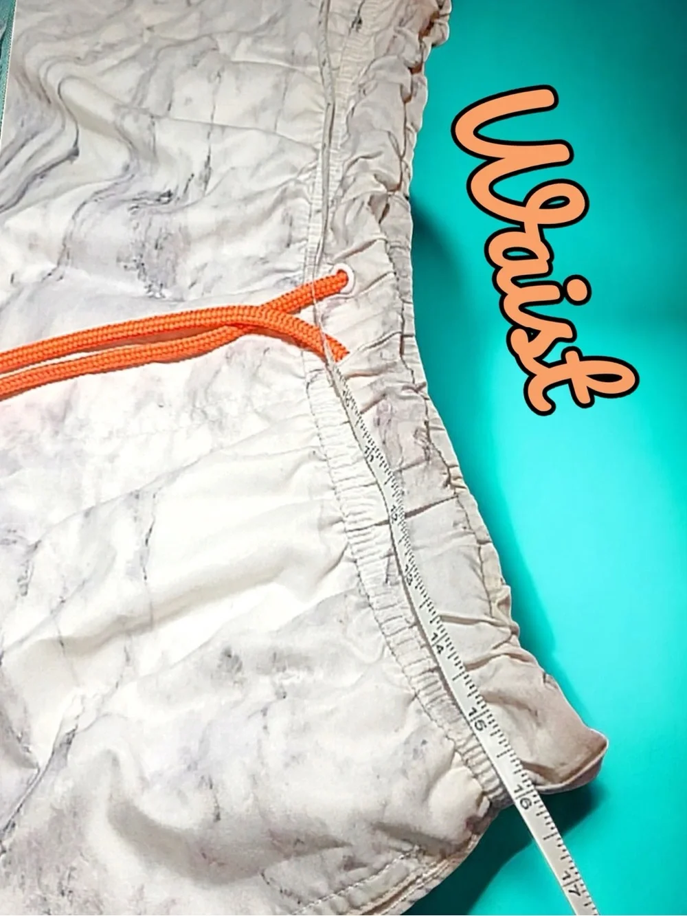 EUC ASOS Swim Shorts White Gray Marble Pattern Orange Drawstring Sz Md Lng